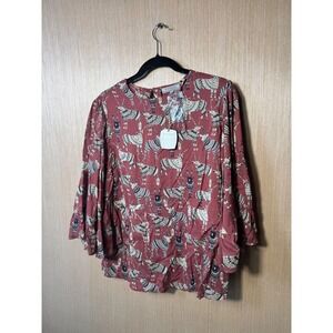 World Market Women Terracotta Red Oryx Gazelle Print Ruffle Bell Sleeve Blouse S